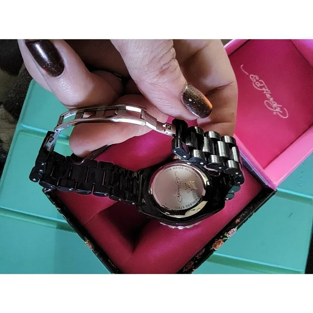 ED HARDY Black Love Kills Slowly Rhinestone Bezel Watch~Boxed